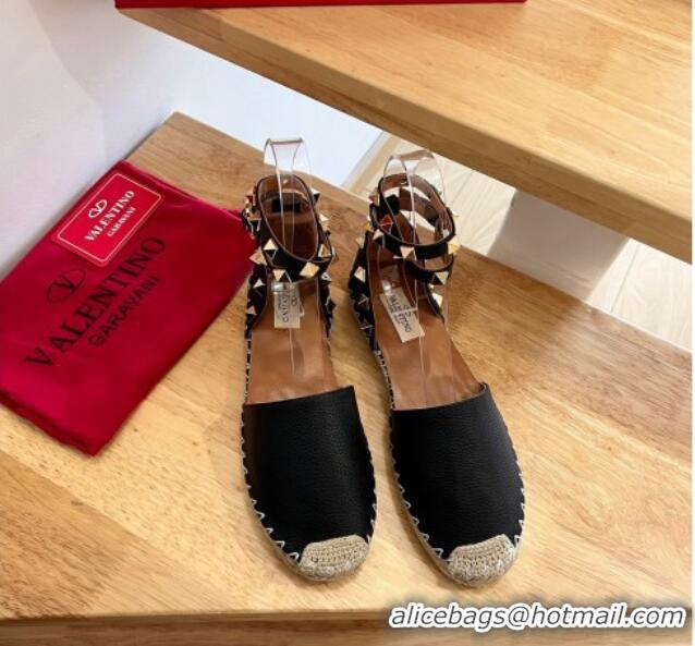 Low Cost Valentino Rockstud Lambskin Flat Espadrilles Black 122476