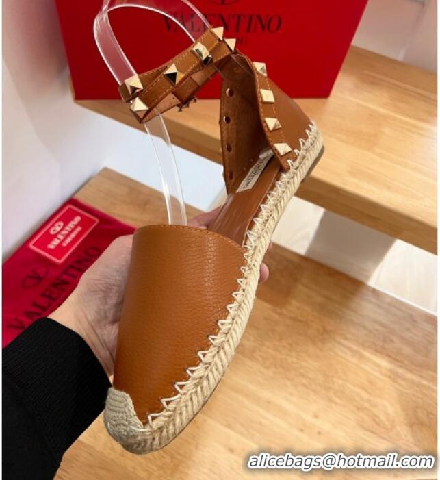 Top Grade Valentino Rockstud Lambskin Flat Espadrilles Brown 122477