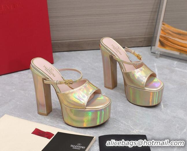 Best Price Valentino Tan-Go Platform Slides Sandals 15.5cm in Patent Leather Iridescent Gold 013073