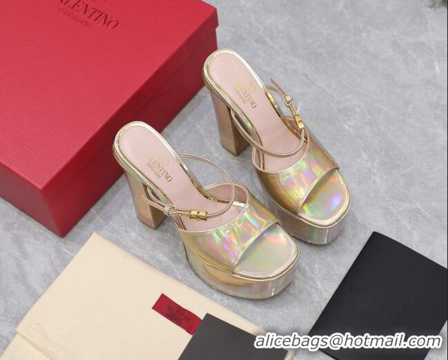 Best Price Valentino Tan-Go Platform Slides Sandals 15.5cm in Patent Leather Iridescent Gold 013073