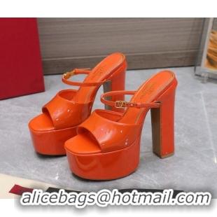 Unique Style Valentino Tan-Go Platform Slides Sandals 15.5cm in Patent Leather Orange 013074