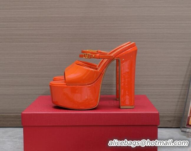 Unique Style Valentino Tan-Go Platform Slides Sandals 15.5cm in Patent Leather Orange 013074