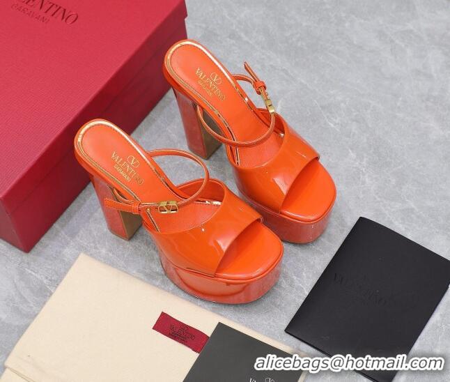 Unique Style Valentino Tan-Go Platform Slides Sandals 15.5cm in Patent Leather Orange 013074