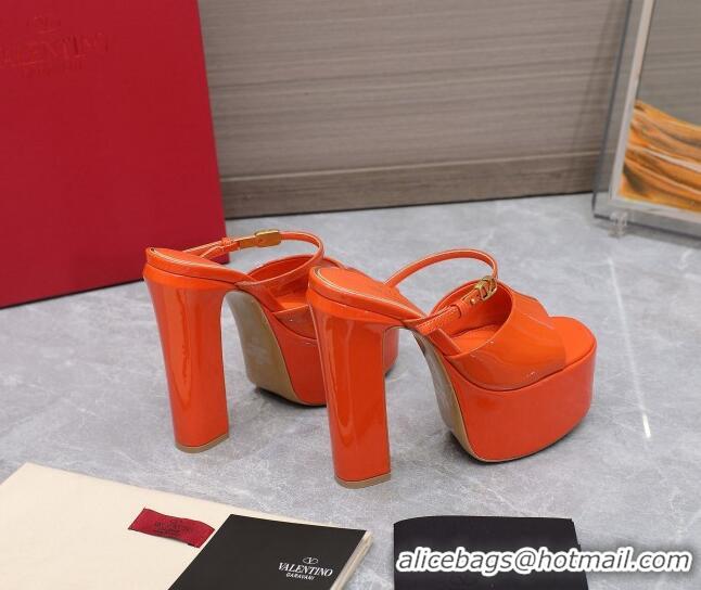 Unique Style Valentino Tan-Go Platform Slides Sandals 15.5cm in Patent Leather Orange 013074