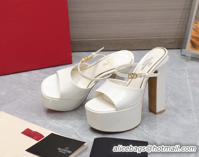 Luxurious Valentino Tan-Go Platform Slides Sandals 15.5cm in Patent Leather White 013077