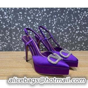 Duplicate Valentino Crystal VLogo Silk Platform Slingback Pumps 10.3cm Purple 020961