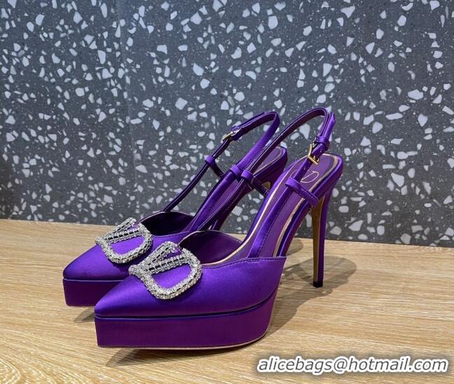 Duplicate Valentino Crystal VLogo Silk Platform Slingback Pumps 10.3cm Purple 020961