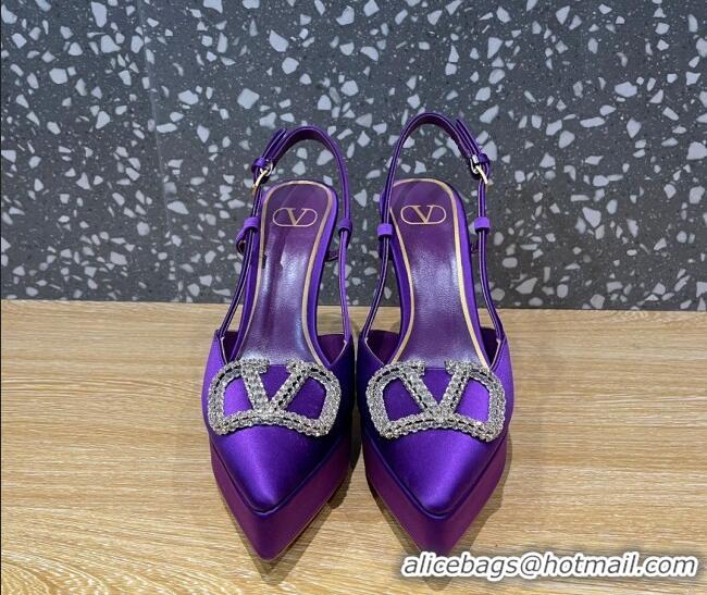 Duplicate Valentino Crystal VLogo Silk Platform Slingback Pumps 10.3cm Purple 020961