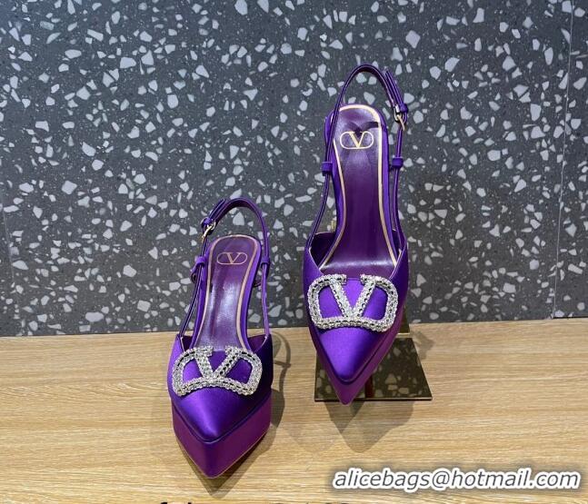 Duplicate Valentino Crystal VLogo Silk Platform Slingback Pumps 10.3cm Purple 020961