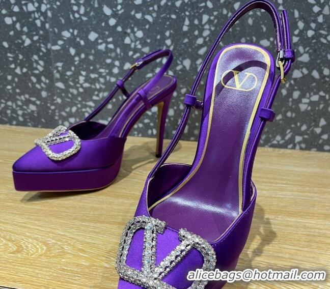 Duplicate Valentino Crystal VLogo Silk Platform Slingback Pumps 10.3cm Purple 020961