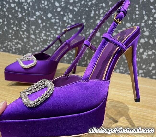 Duplicate Valentino Crystal VLogo Silk Platform Slingback Pumps 10.3cm Purple 020961