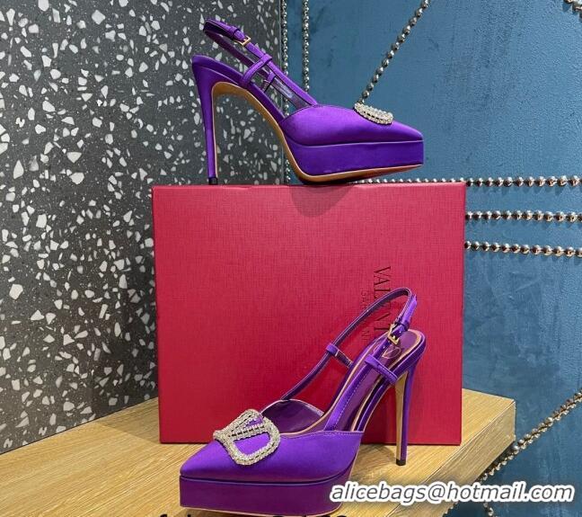 Duplicate Valentino Crystal VLogo Silk Platform Slingback Pumps 10.3cm Purple 020961