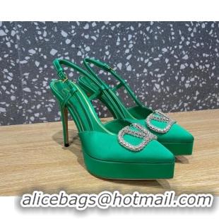 Sophisticated Valentino Crystal VLogo Silk Platform Slingback Pumps 10.3cm Green 020962