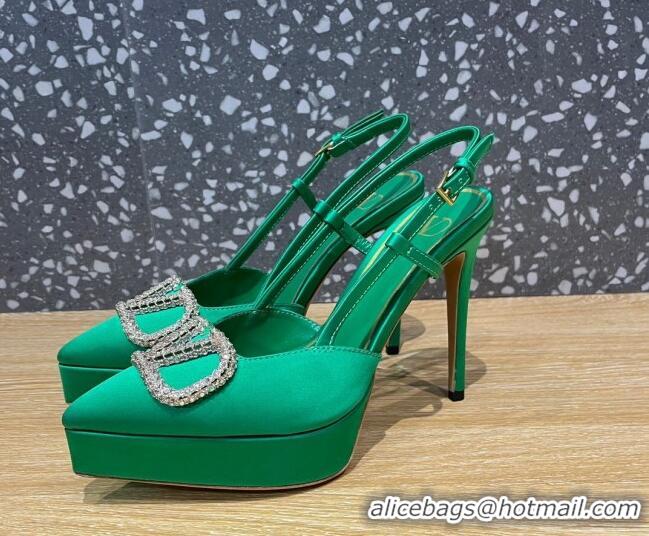 Sophisticated Valentino Crystal VLogo Silk Platform Slingback Pumps 10.3cm Green 020962