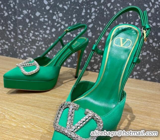 Sophisticated Valentino Crystal VLogo Silk Platform Slingback Pumps 10.3cm Green 020962