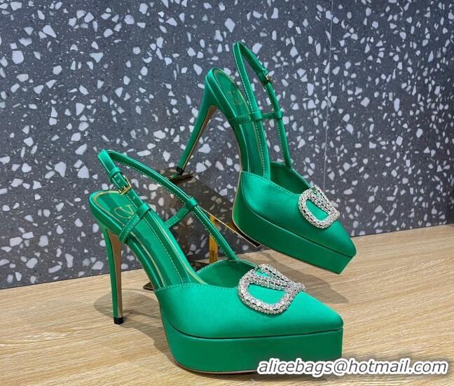 Sophisticated Valentino Crystal VLogo Silk Platform Slingback Pumps 10.3cm Green 020962