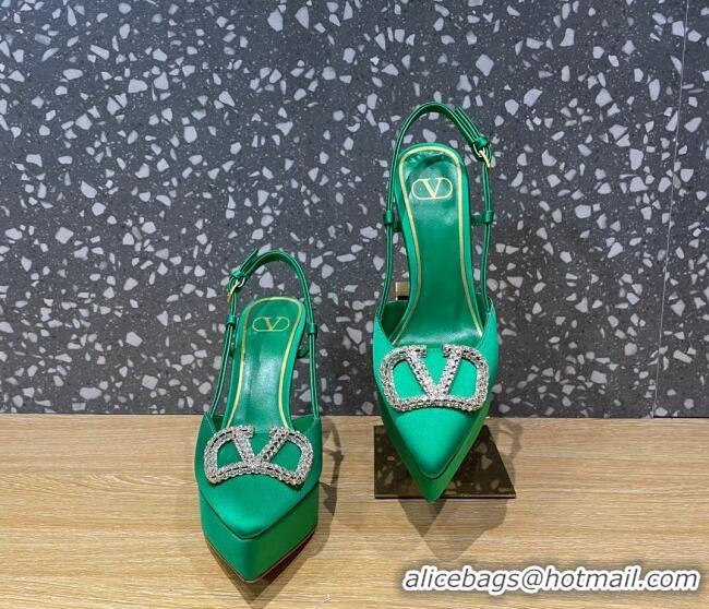 Sophisticated Valentino Crystal VLogo Silk Platform Slingback Pumps 10.3cm Green 020962