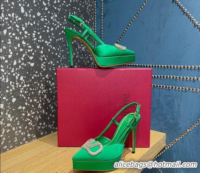 Sophisticated Valentino Crystal VLogo Silk Platform Slingback Pumps 10.3cm Green 020962