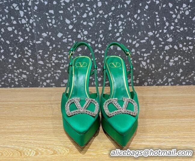 Sophisticated Valentino Crystal VLogo Silk Platform Slingback Pumps 10.3cm Green 020962