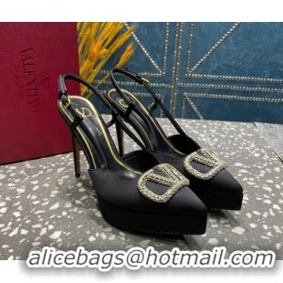 Discount Valentino Crystal VLogo Silk Platform Slingback Pumps 10.3cm Black 020963