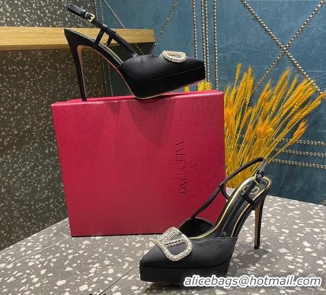 Discount Valentino Crystal VLogo Silk Platform Slingback Pumps 10.3cm Black 020963