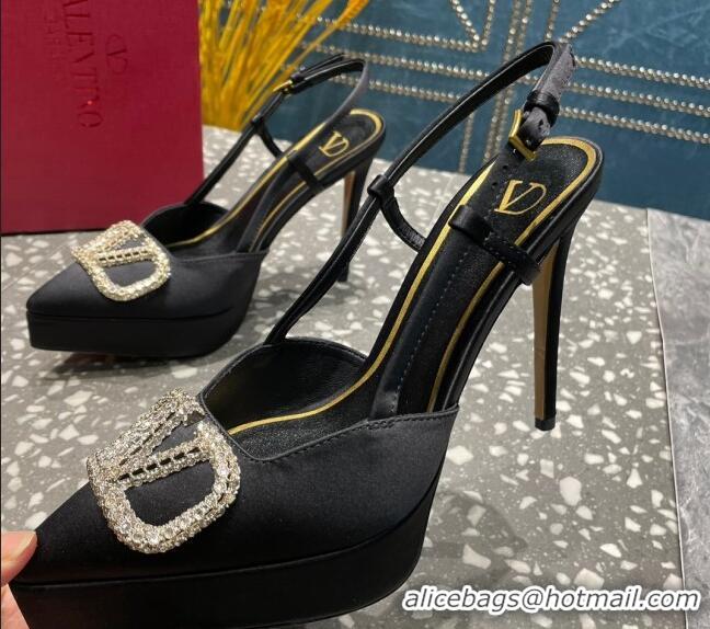 Discount Valentino Crystal VLogo Silk Platform Slingback Pumps 10.3cm Black 020963