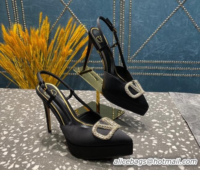 Discount Valentino Crystal VLogo Silk Platform Slingback Pumps 10.3cm Black 020963