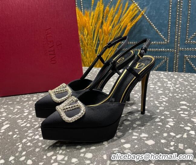 Discount Valentino Crystal VLogo Silk Platform Slingback Pumps 10.3cm Black 020963