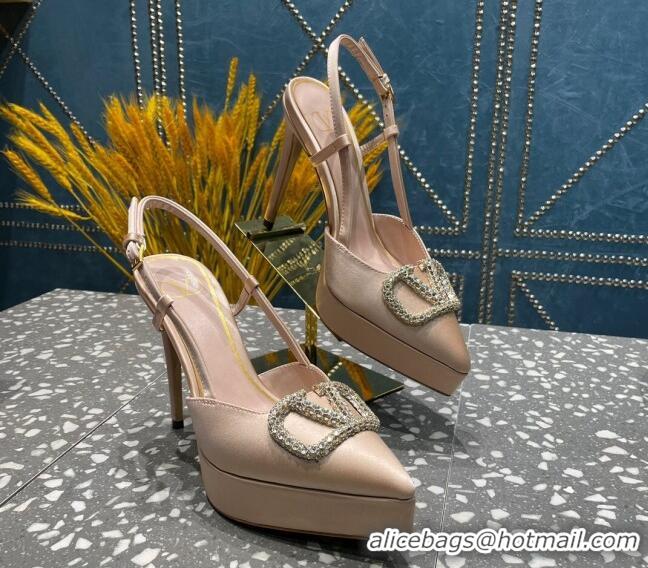 Perfect Valentino Crystal VLogo Silk Platform Slingback Pumps 10.3cm Nude 020964