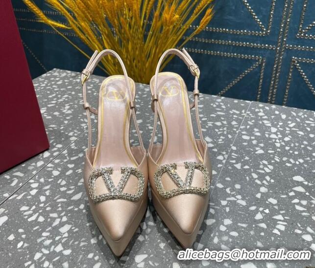 Perfect Valentino Crystal VLogo Silk Platform Slingback Pumps 10.3cm Nude 020964