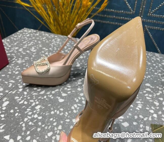 Perfect Valentino Crystal VLogo Silk Platform Slingback Pumps 10.3cm Nude 020964