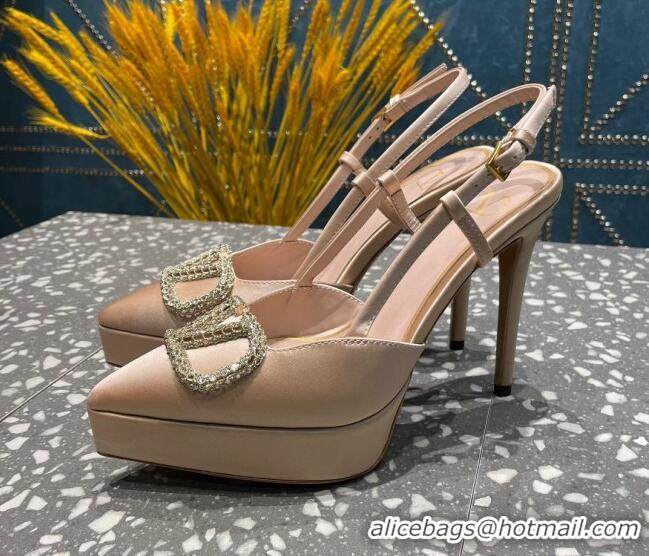 Perfect Valentino Crystal VLogo Silk Platform Slingback Pumps 10.3cm Nude 020964