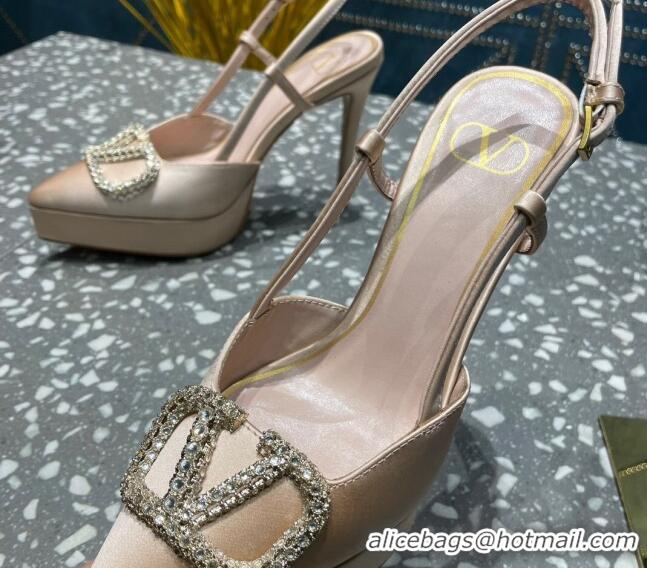 Perfect Valentino Crystal VLogo Silk Platform Slingback Pumps 10.3cm Nude 020964