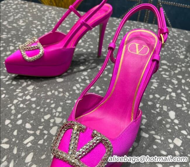 Top Grade Valentino Crystal VLogo Silk Platform Slingback Pumps 10.3cm PP Pink 020965