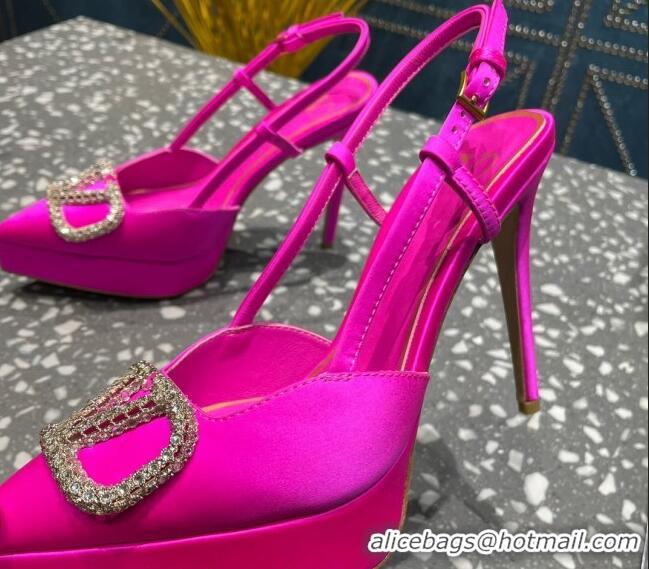 Top Grade Valentino Crystal VLogo Silk Platform Slingback Pumps 10.3cm PP Pink 020965