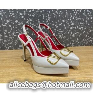 Classic Hot Valentino Metal VLogo Lambskin Platform Slingback Pumps 10.3cm White 020967