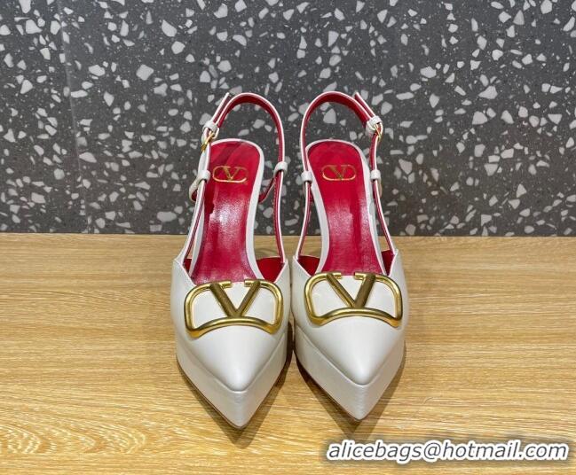 Classic Hot Valentino Metal VLogo Lambskin Platform Slingback Pumps 10.3cm White 020967