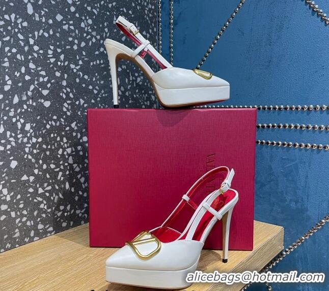 Classic Hot Valentino Metal VLogo Lambskin Platform Slingback Pumps 10.3cm White 020967