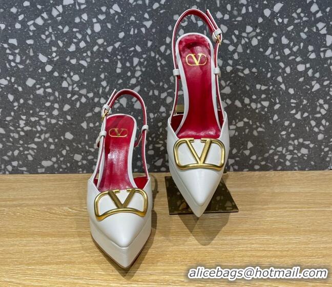 Classic Hot Valentino Metal VLogo Lambskin Platform Slingback Pumps 10.3cm White 020967