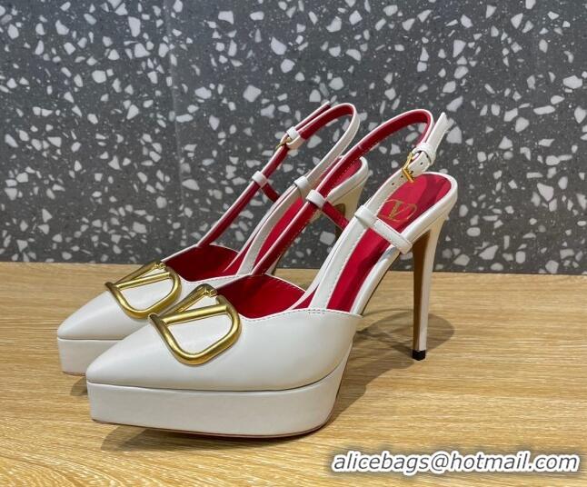 Classic Hot Valentino Metal VLogo Lambskin Platform Slingback Pumps 10.3cm White 020967