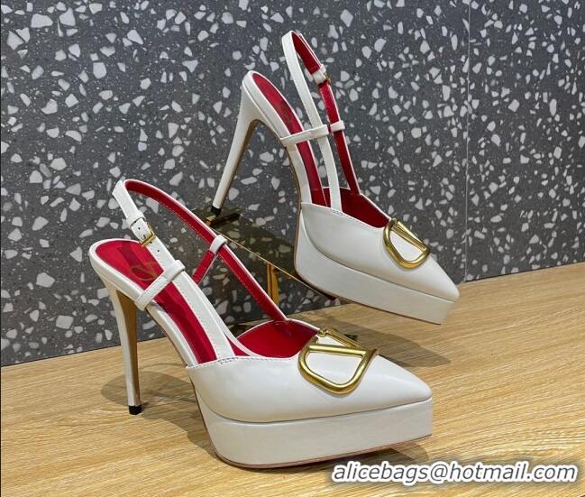 Classic Hot Valentino Metal VLogo Lambskin Platform Slingback Pumps 10.3cm White 020967