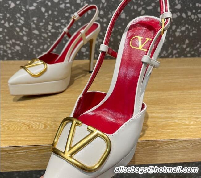 Classic Hot Valentino Metal VLogo Lambskin Platform Slingback Pumps 10.3cm White 020967