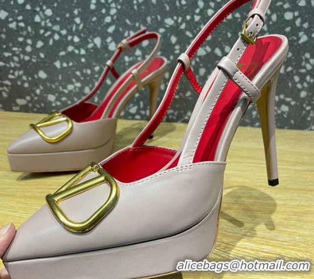 Best Grade Valentino Metal VLogo Lambskin Platform Slingback Pumps 10.3cm Dusty Pink 020969