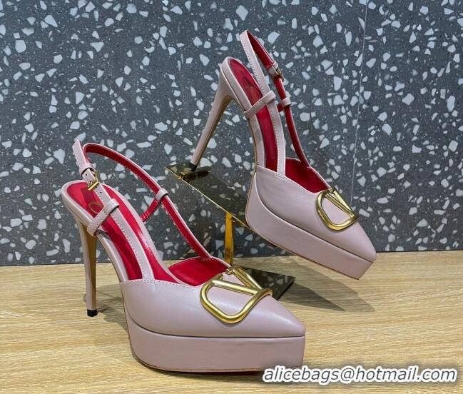 Best Grade Valentino Metal VLogo Lambskin Platform Slingback Pumps 10.3cm Dusty Pink 020969