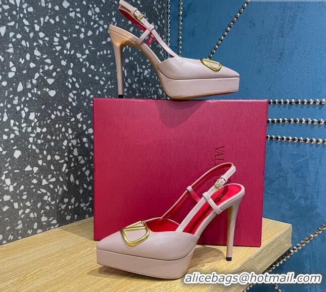 Best Grade Valentino Metal VLogo Lambskin Platform Slingback Pumps 10.3cm Dusty Pink 020969