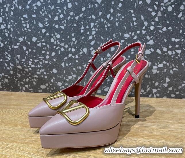 Best Grade Valentino Metal VLogo Lambskin Platform Slingback Pumps 10.3cm Dusty Pink 020969