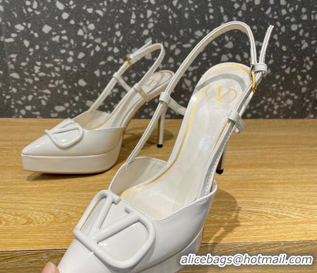 Stylish Valentino VLogo Patent Leather Platform Slingback Pumps 10.3cm White 020972