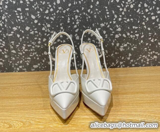 Stylish Valentino VLogo Patent Leather Platform Slingback Pumps 10.3cm White 020972