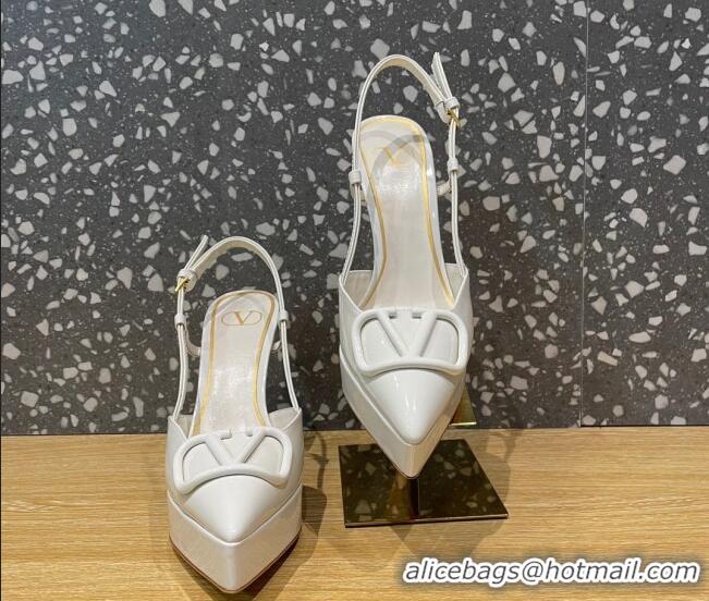 Stylish Valentino VLogo Patent Leather Platform Slingback Pumps 10.3cm White 020972