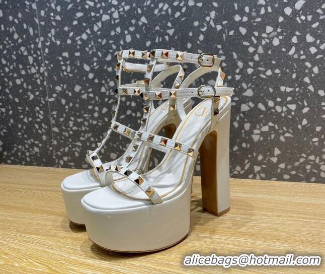 Good Quality Valentino Rockstud Calf Leather Platform Sandals 15cm White 020974